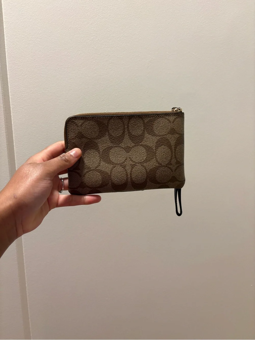 Coach Brown Signature Wristlet with Black Center Stripe